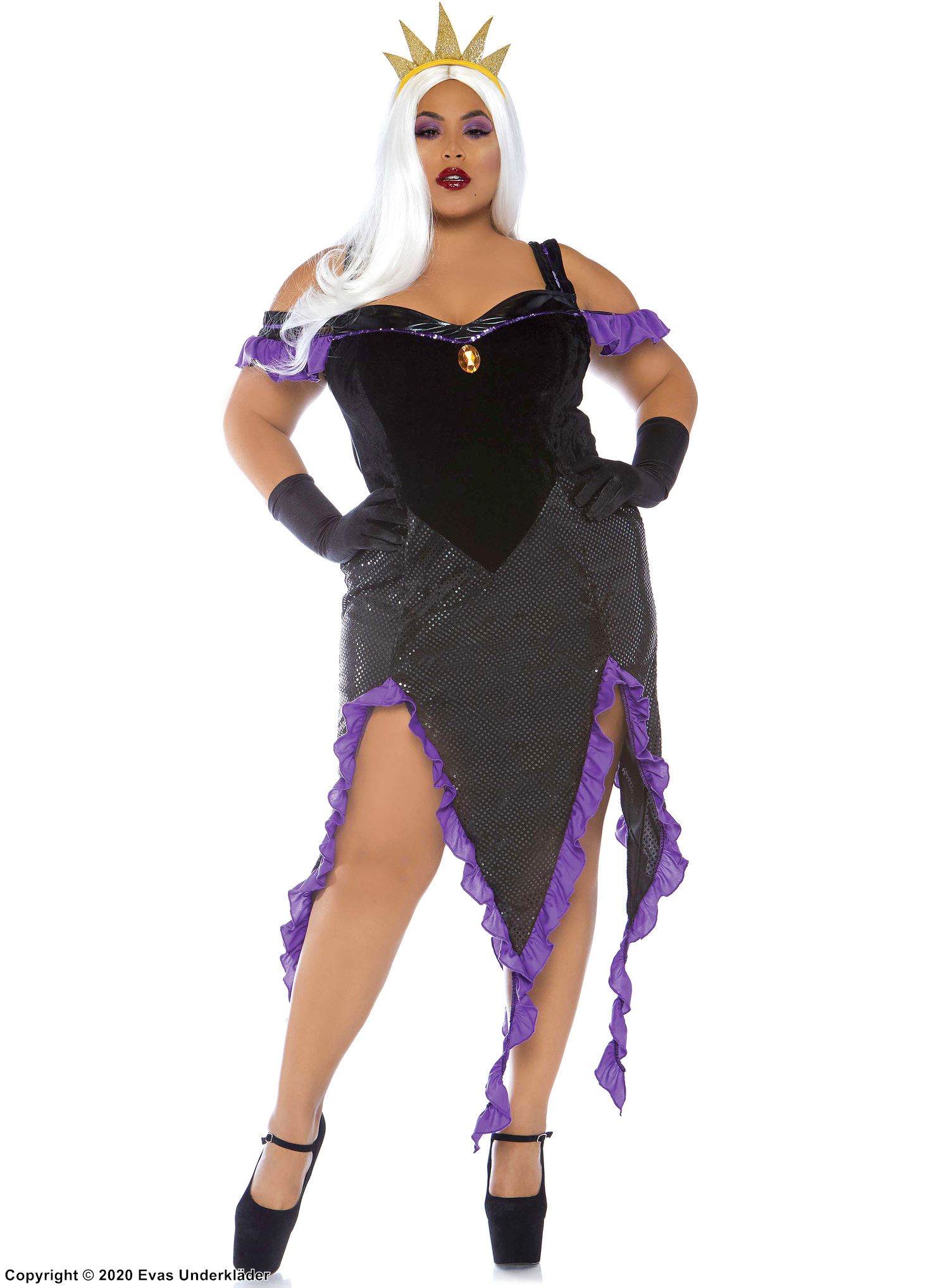 Ursula häxan från Lilla sjöjungfrun, maskeradklänning med sammet, volangkant och öppna axlar, plus size